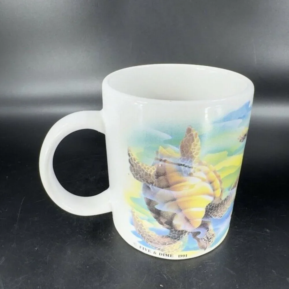1991 Fine And Dime Coffee Mug Cup Ceramic GREEN SEA TURTLE MUG Made In Korea VTG